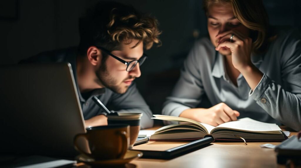 Adultos estudando à noite em casa para terminar o ensino médio com supletivo rápido