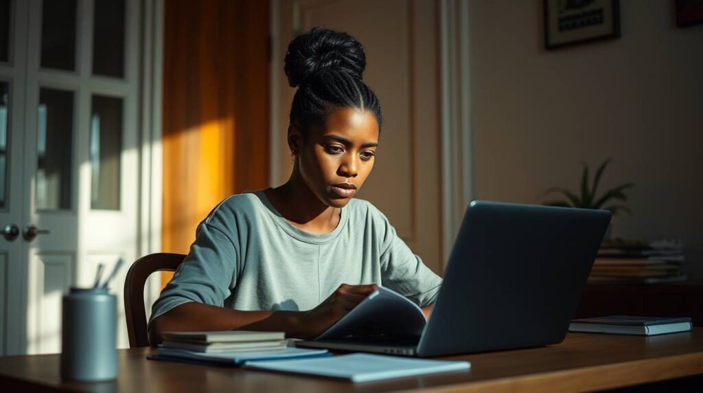 Mulher adulta estudando supletivo ensino fundamental online em casa com notebook e livros