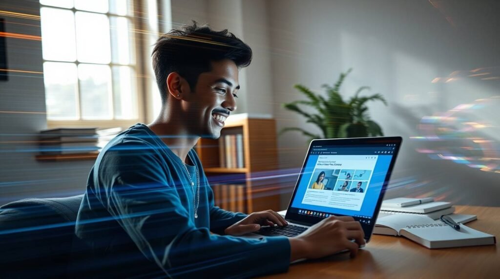 Jovem adulto estudando em casa com notebook e materiais escolares, acessando supletivo gratuito online.